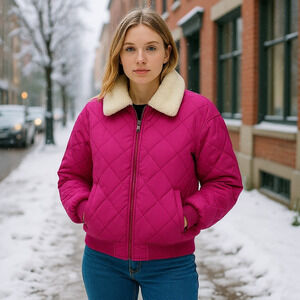 Thread & Supply Faux Shearling Collar Dad Jacket Verry Berry Hot Pink Women's XS